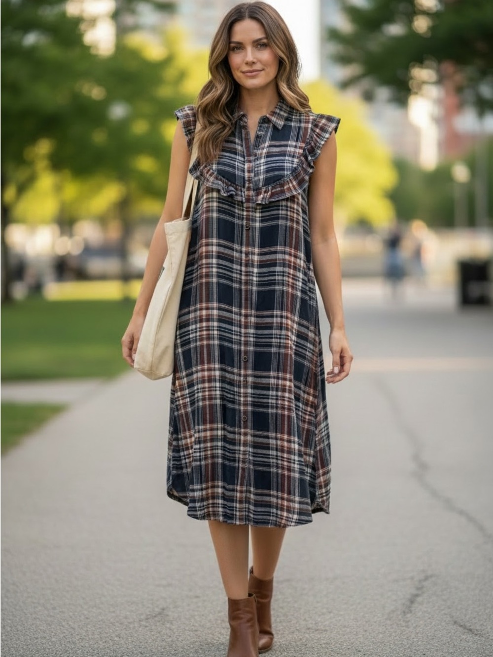 Universal Thread Plaid Button Front Midi Dress | Size Small